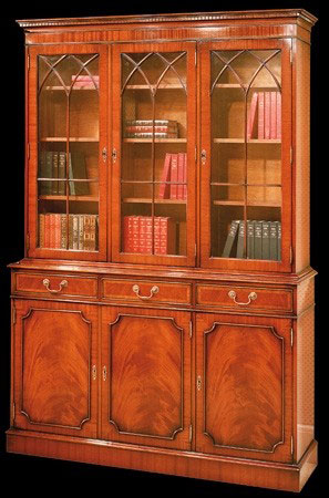 Bibliothèque Anglaise 3 portes 4 tiroirs en ronce d'acajou